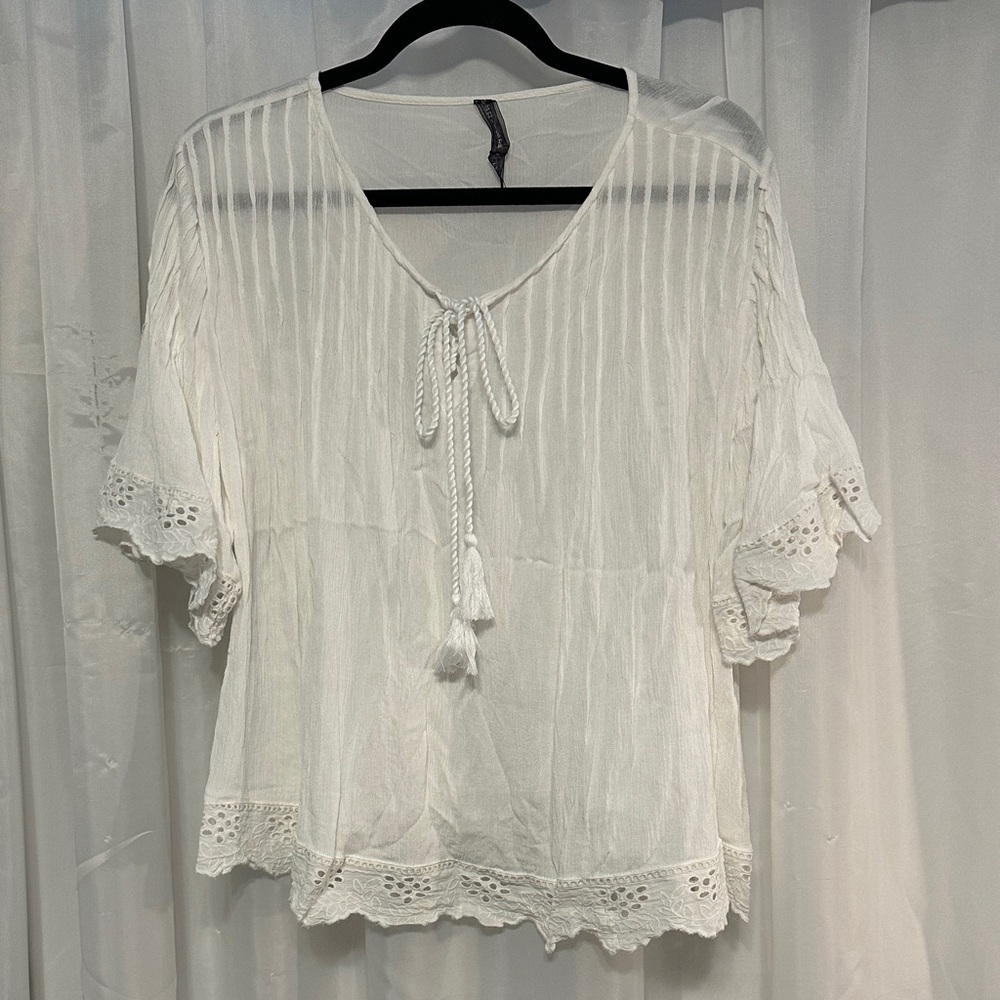 Boho White Eyelet Trim Blouse